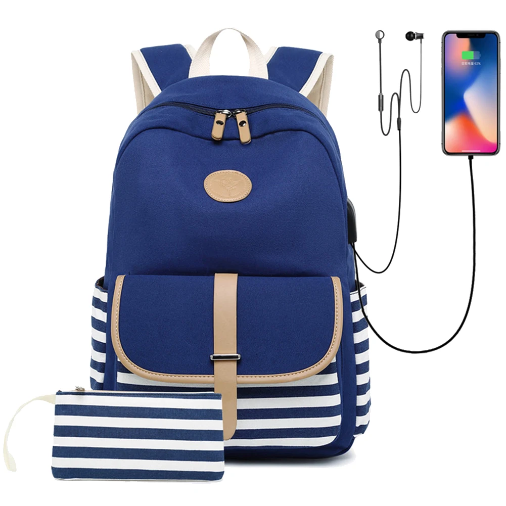 2 шт./компл. путешествия школа большой ёмкость для женщин в полоску клатч рюкзак с USB порты и разъёмы