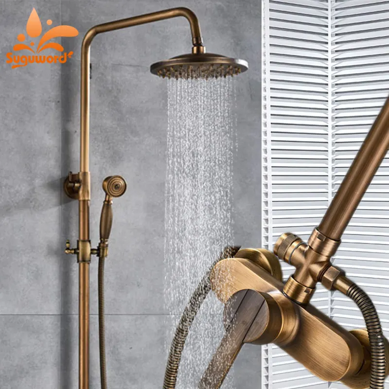 Suguword Antique Brass Shower Combo Set 8 inch brass Shower Head and
