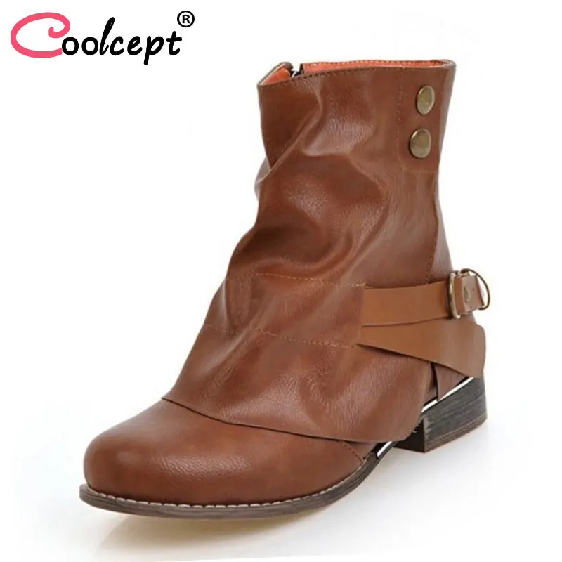 

Coolcept Size 34-48 Women Fashion Ankle Boots Buckle Round Toe Shoes Women Zipper Cross Strap Winter Thick Heels Botas F