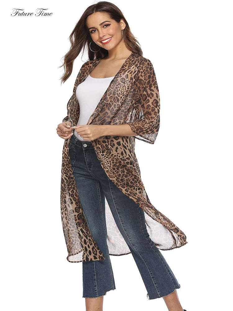 Blouse Women Sun Protective Summer Beachwear Chiffon Long Loose Leopard Cardigan Three Colors Sexy V-neck C1719