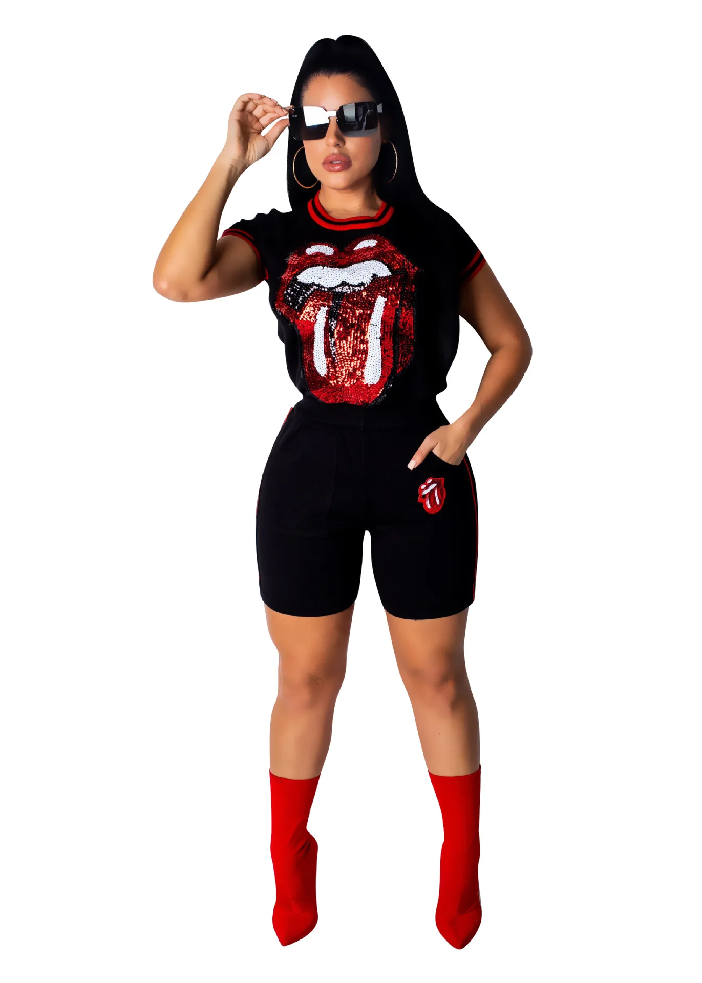 

women short sleeve tougue lip glitter splicing o-neck tee high above the knee pants 2 pieces set tracksuit outfit 5 colors CM566