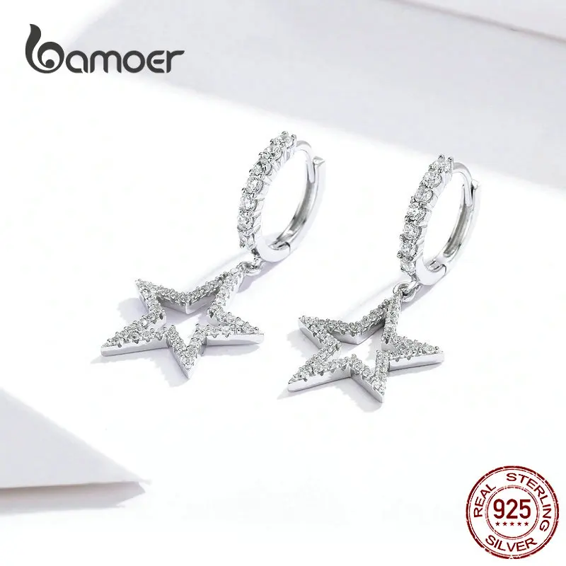Tanie BAMOER Star Dangle kolczyki dla kobiet Sparkling wyczyść CZ spadek kolczyki srebro 925 zaręczyny biżuteria ślubna SCE593