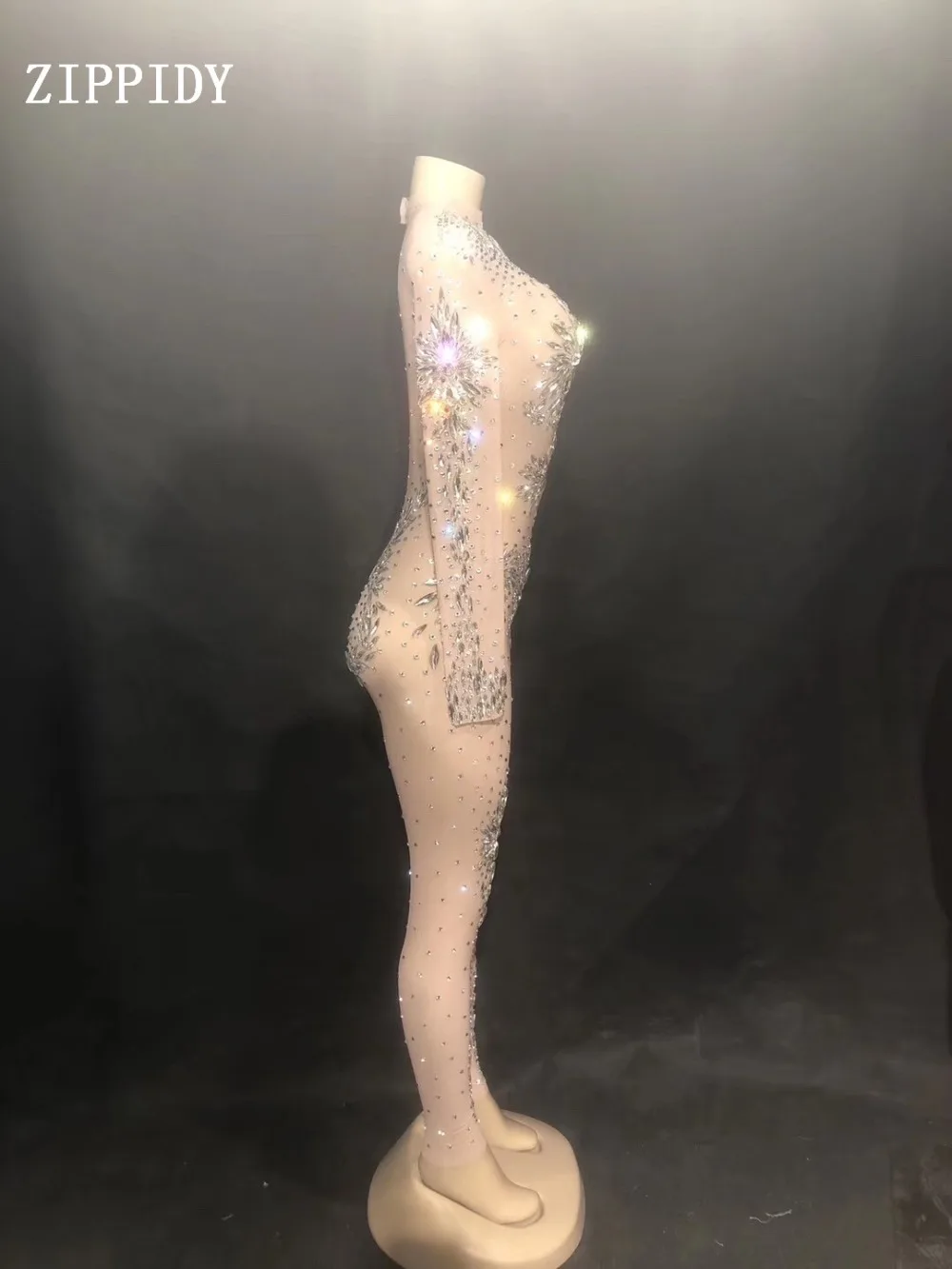 Сверкающие кристаллы комбинезон с камнями костюм из сетчатой ткани для женщин сценический танец прозрачный боди сексуальная одежда для ночного клуба