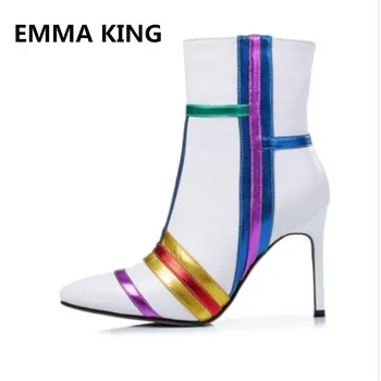 

EMMA KING New Fashion Design Patchwork Mixed Colors Ankle Boots Women Pointed Toe Zipper Detail Thin High Heels Zapatos Mujer