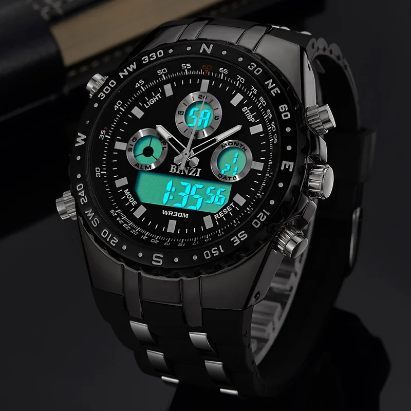 BINZI мужские часы водонепроницаемые спортивные уличные наручные часы двойной дисплей большие электронные наручные часы военные часы Relogio Masculino
