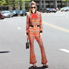 Fashion Twinset 2016 Autumn New Orange Long Sleeve Novelty Short Jackets + Speaker Pants Designer Sets