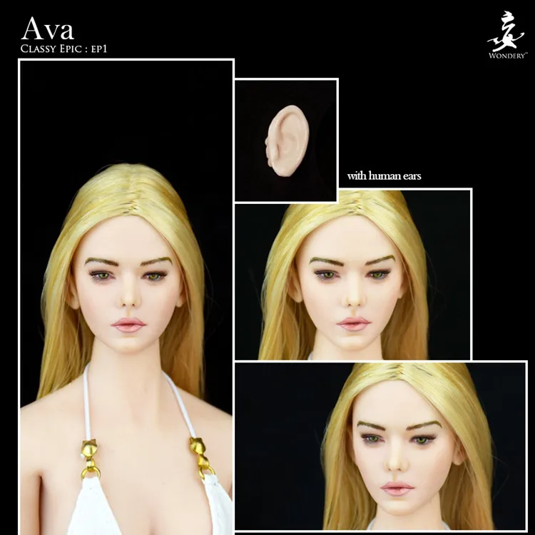 

1/6 Scale Ep01 Daeris Ava Head Europe Girl Head with Removable Ears Curly Blond Long Hair for Pale PH Seamless body
