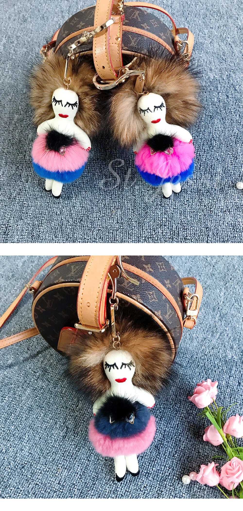 Modern Girl Grazy Women Real Rex Rabbit Fur Keychain Fluffy Doll Fur Pompon Bag Charm Keyring Luxury Car Key Pendant Accessories