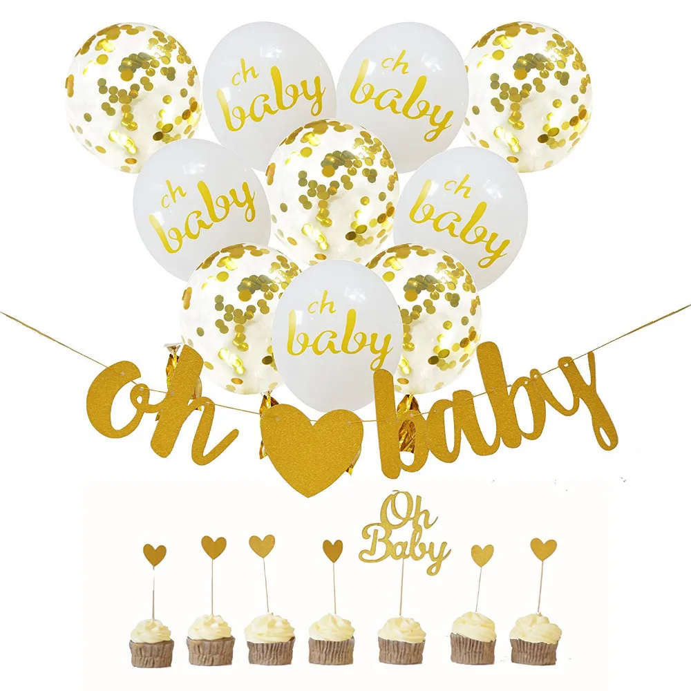 

Baby Shower Kids Birthday Balloons Gold Glittery Letters OH BABY With Heart Banner Its a Boy It's A Girl Oh Baby Printed Party S