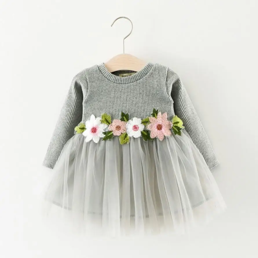 Новорожденных Прекрасный милый малыш официальная Вечеринка цветочный Хлопковое платье-пачка принцессы с длинными рукавами серый Розовое платье для девочек для 6-24 м дропшиппинг платье для девочки платья для девочек