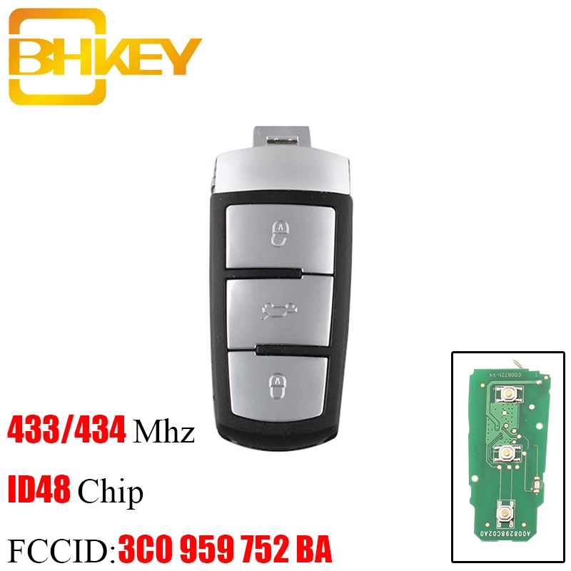 BHKEY 3 кнопки умный дистанционный ключ-брелок от машины для Volkswagen 3C0 959 752 BA 434 МГц ID48 чип для VW Passat B6 3C B7 Magotan CC автомобильный ключ