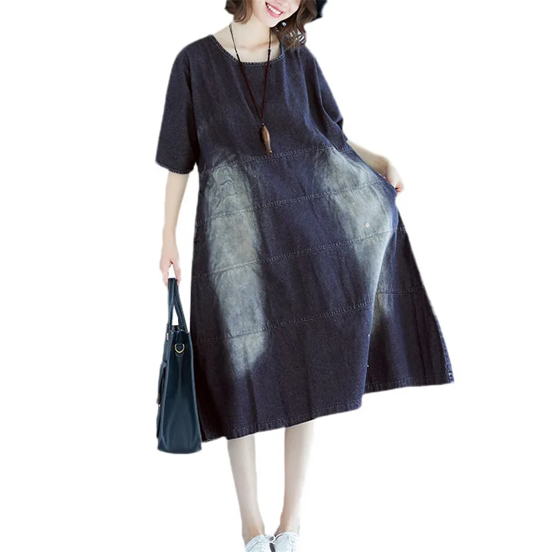 

2019 Summer Dress New Loose Large Size Women Denim Dresses Short Sleeve Medium Long Casual Slim Thin Denim Dress Female JIA249