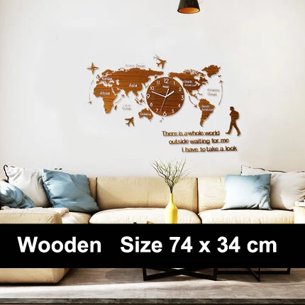 Большая карта мира настенные часы 3D наклейки Подвесные часы светящиеся в темноте современный дизайн часы настенные часы домашний декор - Цвет: Wood 74x34cm
