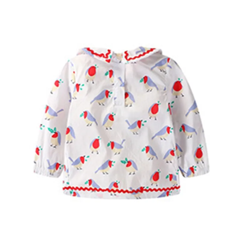 Little Maven/Новинка; детская одежда; сезон осень-весна; Повседневная хлопковая блузка для девочек с воротником-стойкой и разноцветными птицами