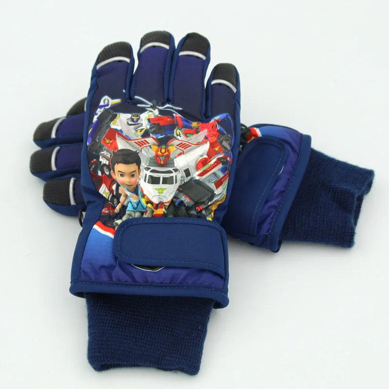 Зимние теплые лыжные перчатки, детские перчатки для снегохода, катания на лыжах, сноуборда, водонепроницаемые перчатки для мальчиков, Детские Мультяшные аниме-фигурки - Цвет: Dark Blue