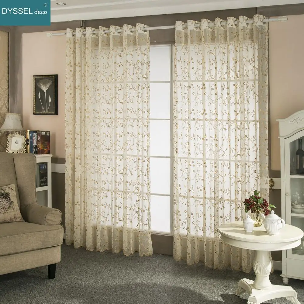 

Retro decorative Sheer full scallop Embroidery gold white Floral American Style Window Curtain Grommet top for living room