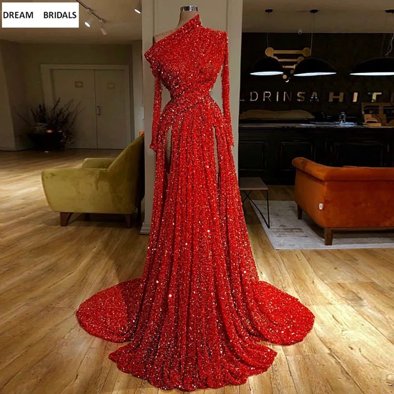 One-Shoulder Kaftan Evening Reflective Dresses Red Sequined Long Sleeves Dubai Pleat Formal Prom Party Dresses Abendkleider 2019