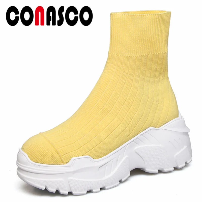 

CONASCO Fashion Stretch Boots Platforms Wedges Heels Party Wedding Shoes Woman Slip On Warm Autumn Winter Socks Boots Shoes