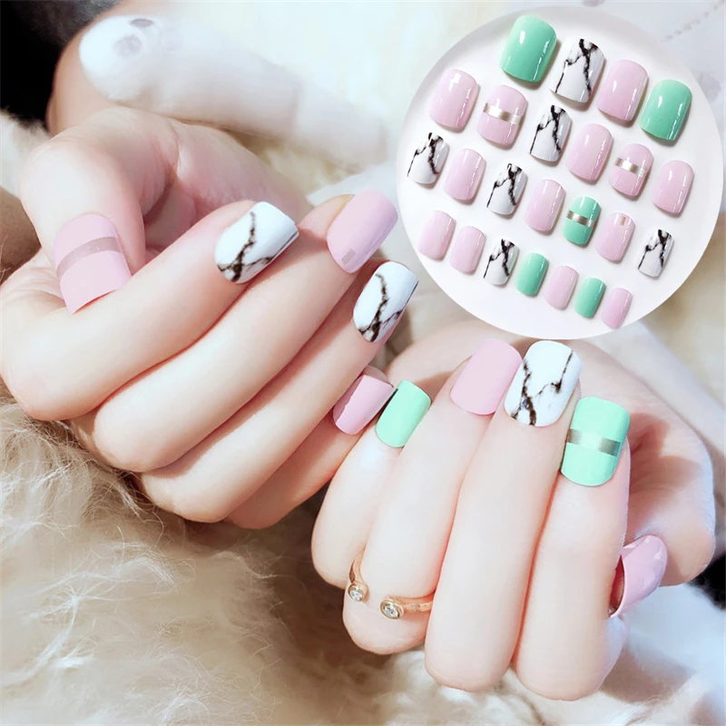 pic Gel Short Square Acrylic Nails White 24pcs short square fake nails white marble blue pink press on nails custom with 3d decoration pearl designed tips