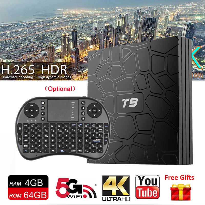 

New Smart TV BOX Android 9.0 Support H.265 Netflix Youtube 100M LAN 4K Video Media Player RK3328 4GB Ram 64GB Rom TV Receiver T9