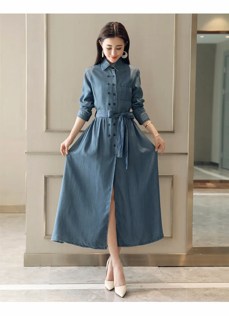 Новинка, длинное джинсовое платье, весеннее женское двубортное джинсовое платье с отложным воротником, женское приталенное платье с поясом CM2795