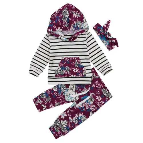 

2018 Newborn Baby Kids Girls Floral Hooded Tops+Long Pants 3pcs Clothes Outfits Set