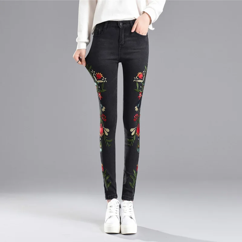 WKOUD Джинсы с вышивкой брюки для Для Женщин Эластичные Обтягивающие корейские джинсы женский весенний цветок джинсовые штаны женские брюки