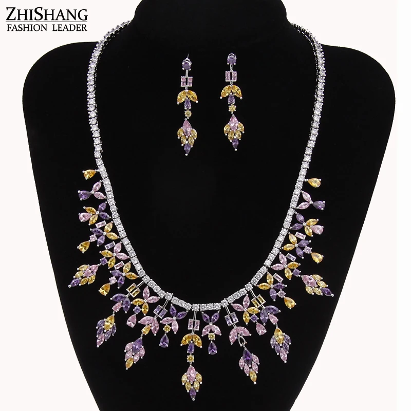 

White Gold Color Luxury Necklace And Earring Wedding Jewelry Sets With Multicolor AAA+ CZ Cubic Zircon WS034
