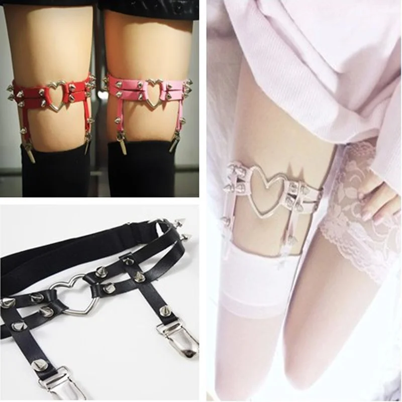 

Hot Sexy Studded Heart Garters Rivet Punk Goth Harajuku Style Handmade Garter Belt Leg Ring for Women Gift One Free Adjust Size