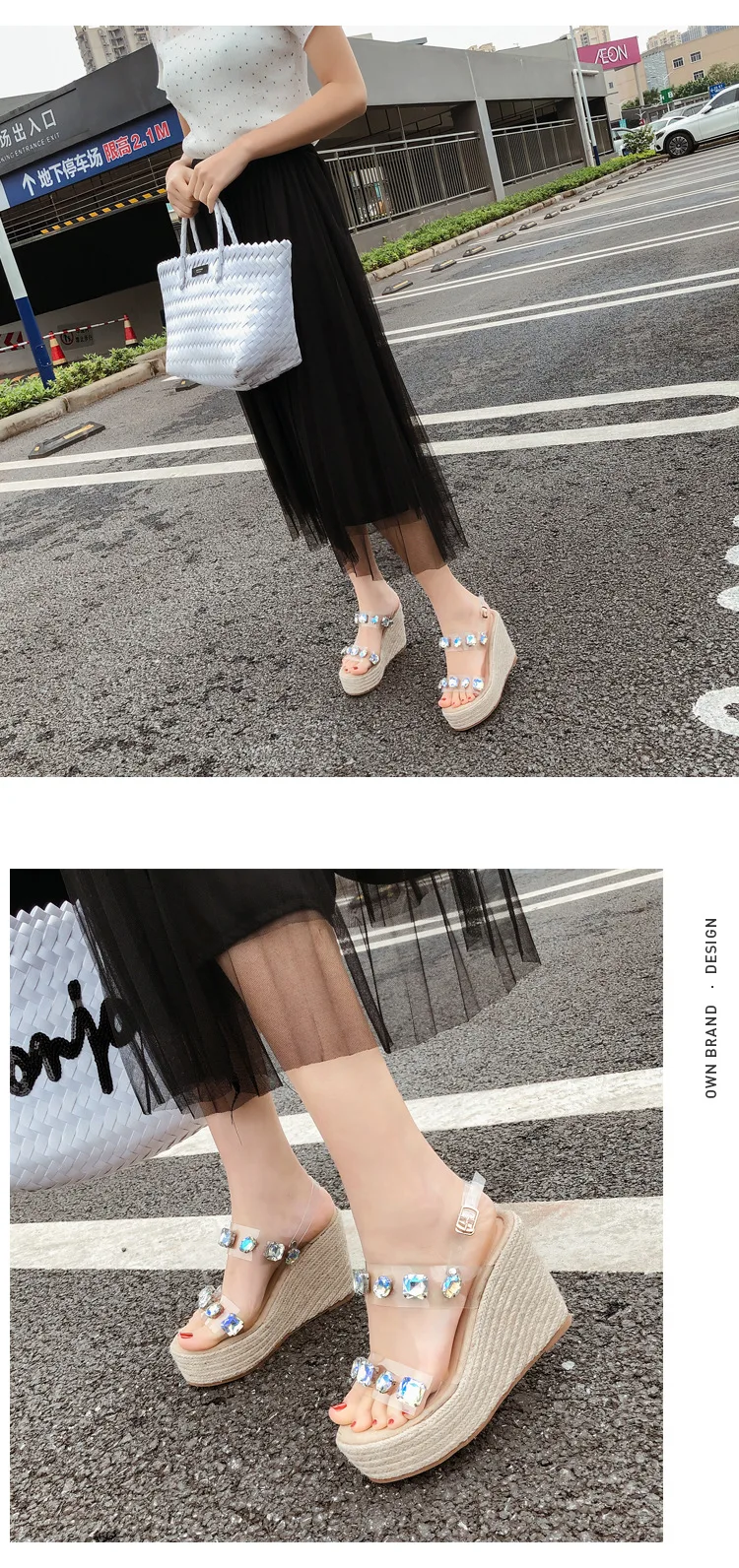 Разноцветные женские сандалии со стразами; соломенные сандалии в рыбацком стиле; обувь на платформе; прозрачные сандалии на танкетке; римские туфли на танкетке