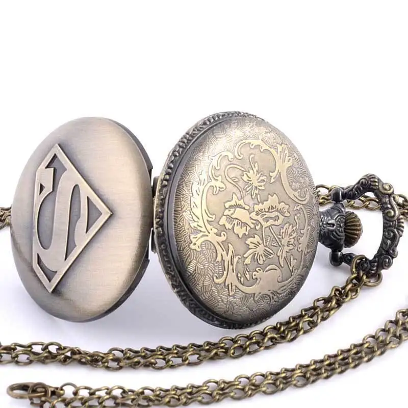 IBEINA Винтаж Бронзовый кварцевые карманные часы для мужчин колье с символом Супермена кулон подарок косплэй