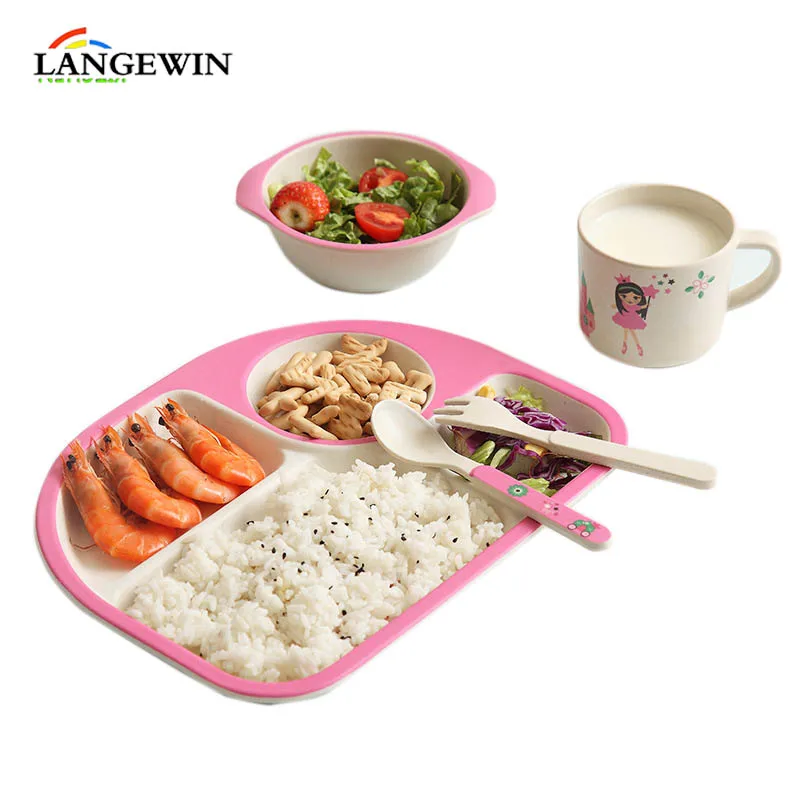 5 Pcs/Set Kid Bamboo Fiber Dinnerware Set Baby Plate Children Cartoon Separation Bowl Fork Spoon Cup Feeding Tableware | Дом и сад