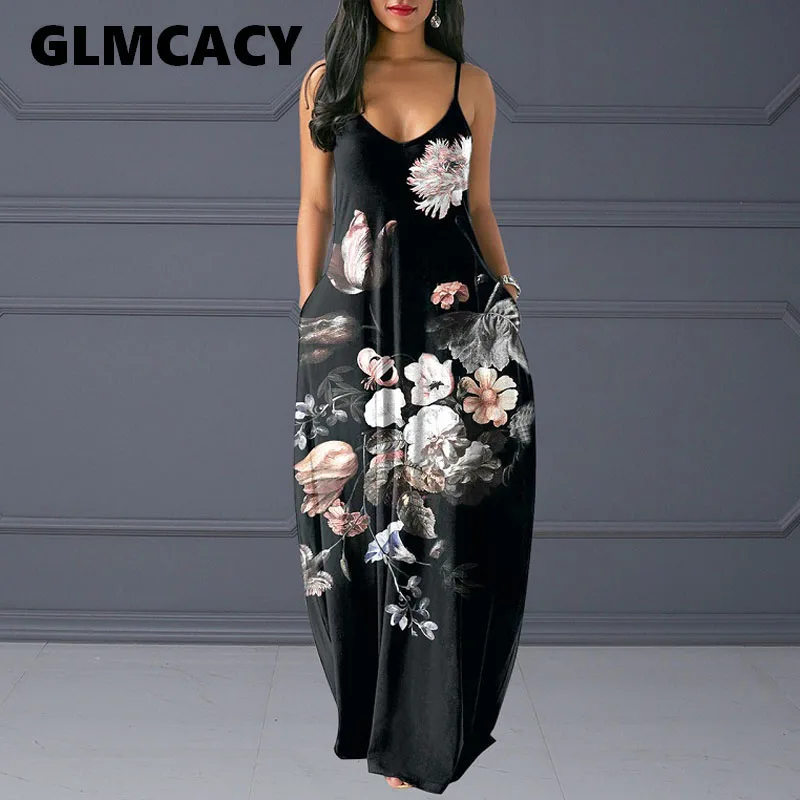 

Women Spaghetti Strap Casual Maxi Dress Summer Sleeveless Loose Vintage Printed Dress Boho Beach Party Dress