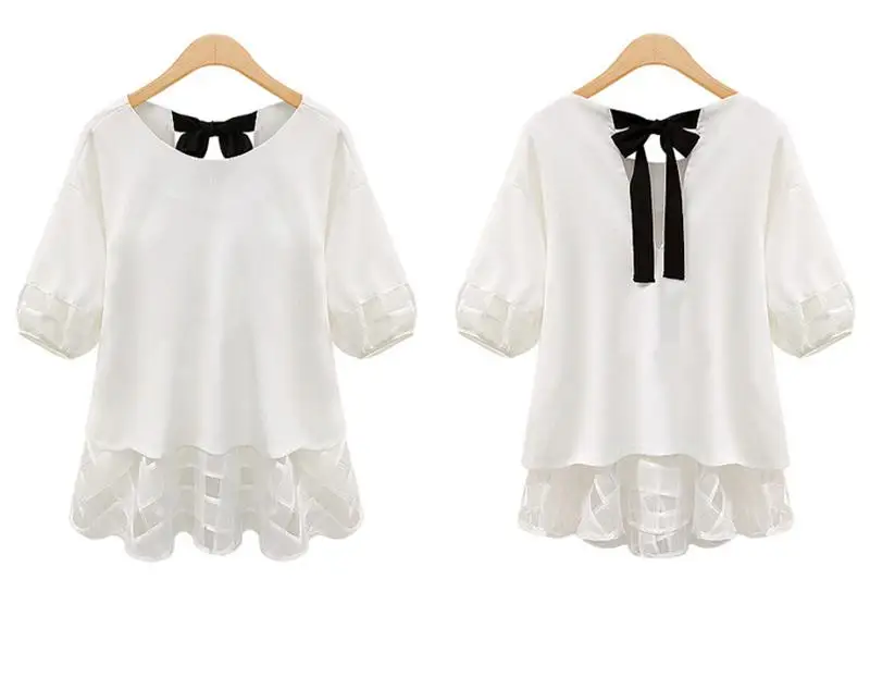 2017 Women Summer Chifon Blouse Causal Plus Size Half Sleeve Solid Shirts Bow Tie Patchwork White Black Lace Tops Large Size white-cotton-lace-top : image 2017 Women Summer Chifon Blouse Causal Plus Size Half Sleeve Solid Shirts Bow Tie Patchwork White Black Lace Tops Large Size white-cotton-lace-top