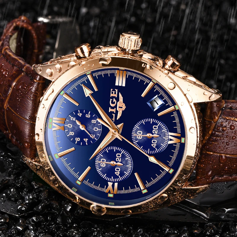 

2018 LIGE Men's Fashion Sport Watches Men Quartz Analog Date Clock Man Leather Military Waterproof Watch Male Relogio Masculino