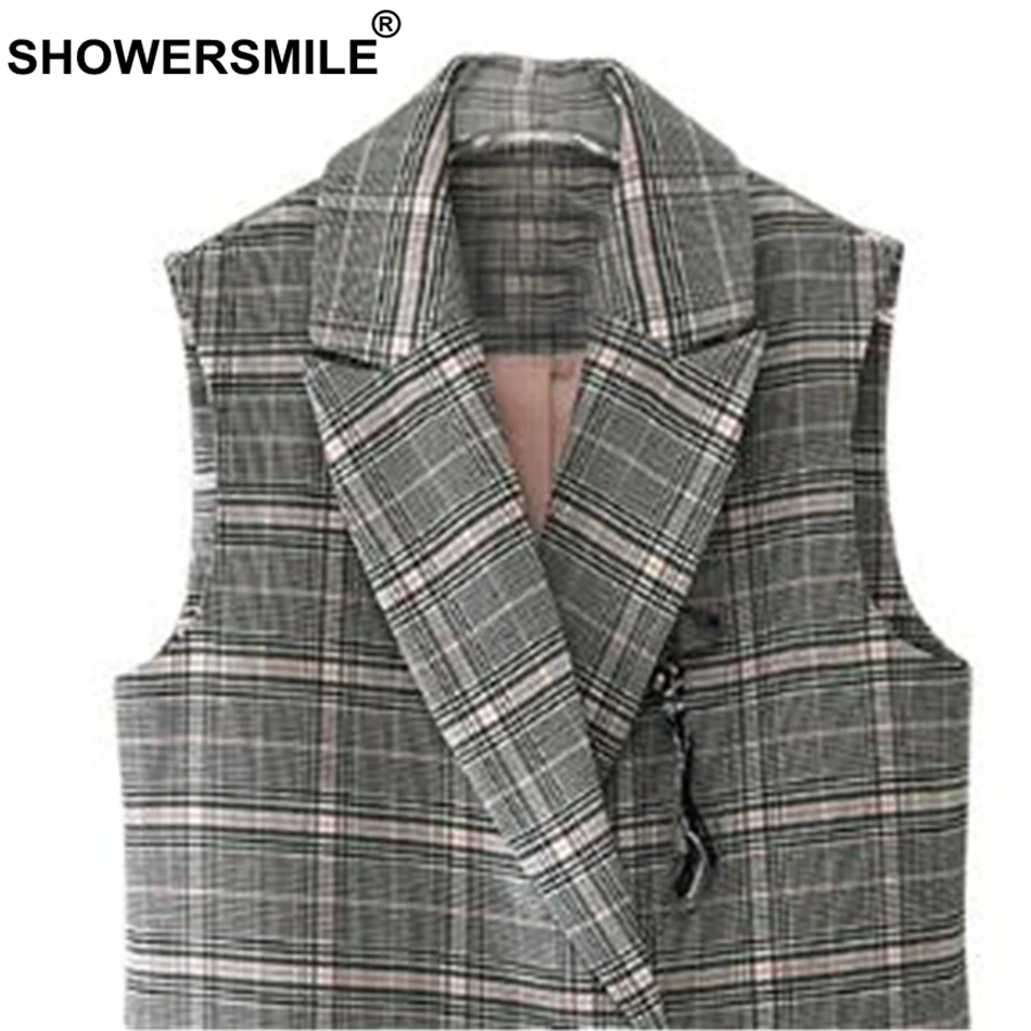 SHOWERSMILE Tartan Vest Women Checkered Waistcoat Designer Long Sleeveless Female Lapel Collar England Style Sleeveless Jackets