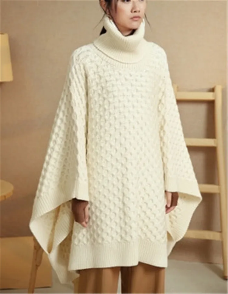  top grade 100%hand made pure wool knit women fashion turtleneck batwing sleeve long cloak sweater s