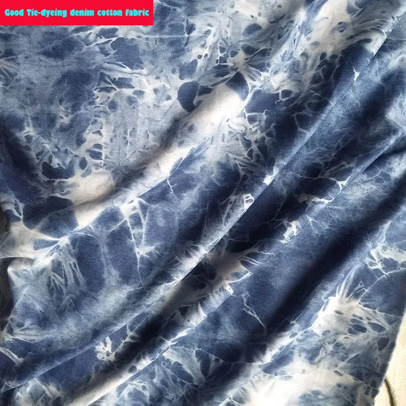 Good Tie-dyed Denim Cotton fabric Middle Blue Stretch Denim Fabric Pattern Part Dyed Denim Sewing Material DIY Pants Clothing