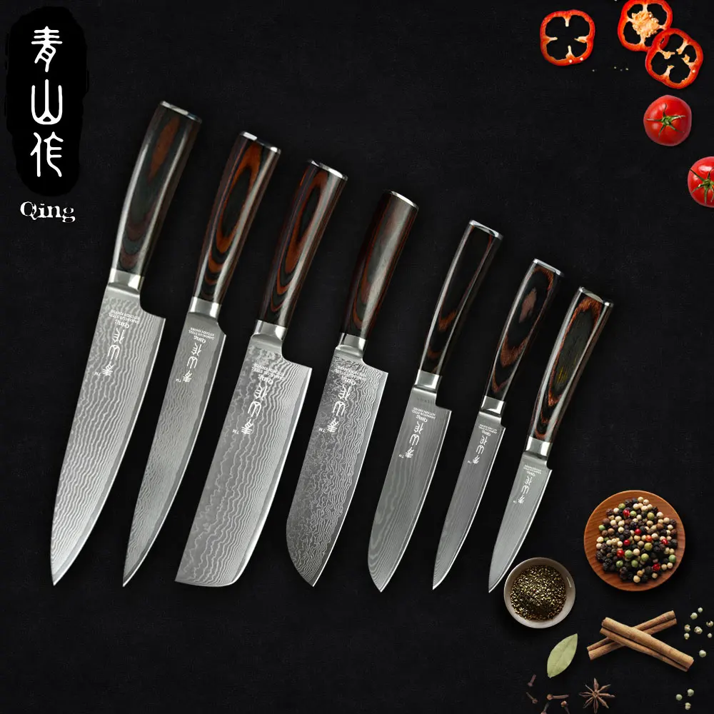 

QING Damascus Knife Set VG10 67-Layer Damascus Steel Kitchen Knives Chef Slicer Chop Santoku Utility Paring Damascus Knives