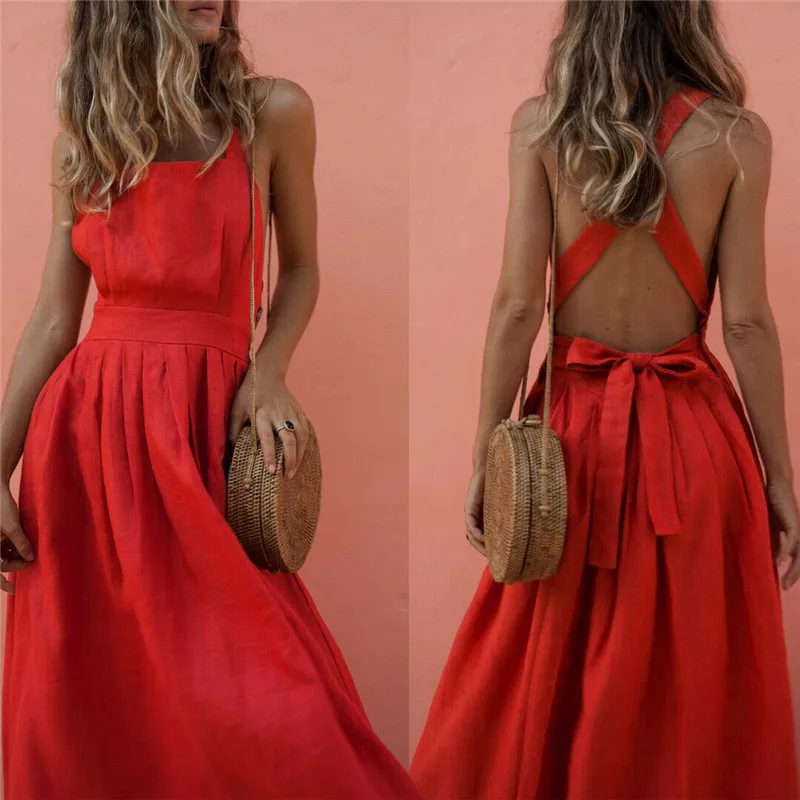 

Boho Sleeveless Red Summer Dress Women Straps bandage Long Dresses Party Club wear Maxi Dress Sundress