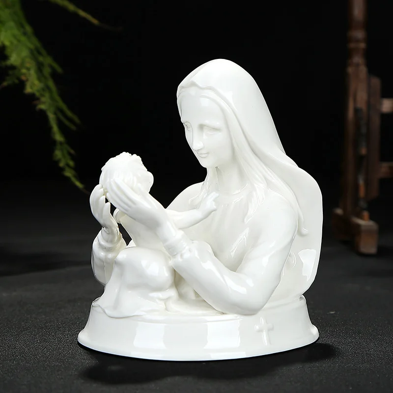 

Catholic virgin Mary hold baby saint of the cross rosary sacred white porcelain Madonna gift ornament goddess figurine statue