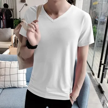 

Summer Korean Men's Pure White T-shirt Short sleeve Pure Colour T-shirt Half Cut-sleeve Moisture