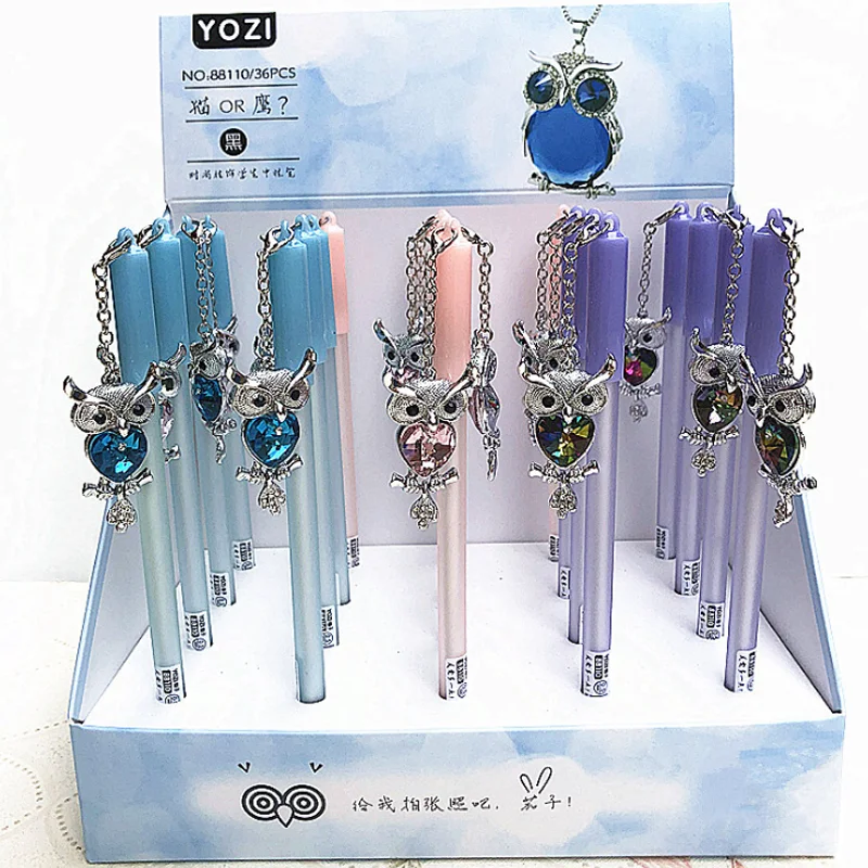

2 Pcs/set Cartoon Crystal Owl Fox Pendant Gel Pen Black Ink Pen Kawaii School Supplies Gel Pens School Stationery