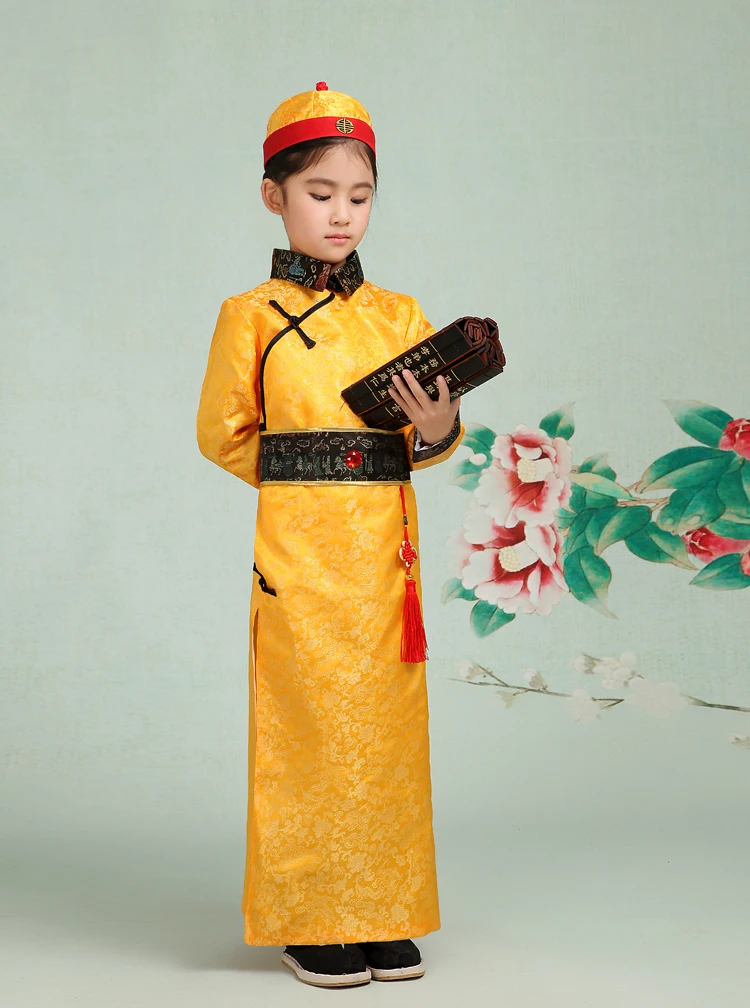 Детский костюм для мальчиков и девочек в китайском древнем стиле «stlye qing dynasty» золотого и красного цвета на рост 110-170 см