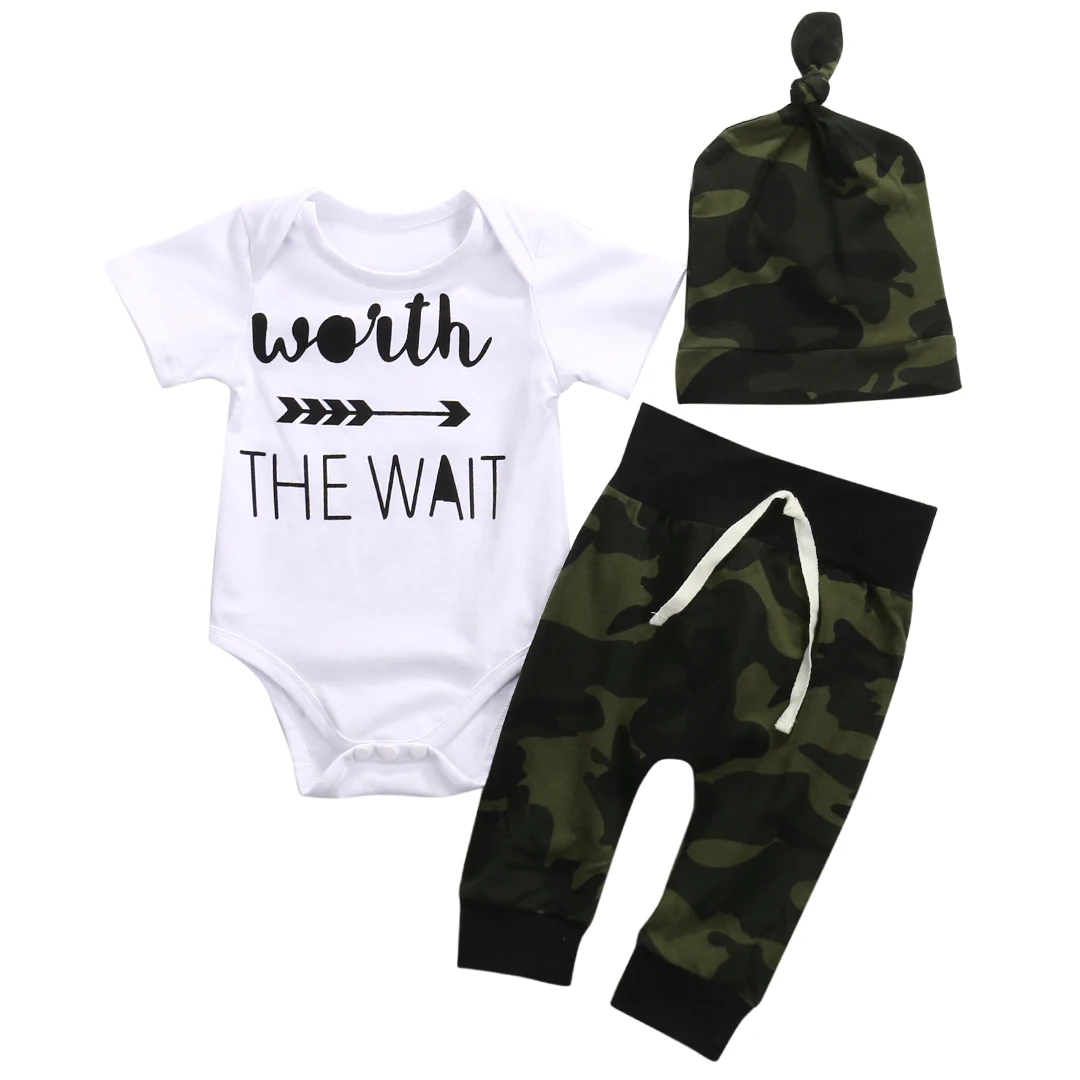

2018 New Hot 3PCS Set Baby Clothes Camouflage Kids Suit Wait The Wait Baby Romper and Pant Hat Outfit Bebek Giyim Child Clothing