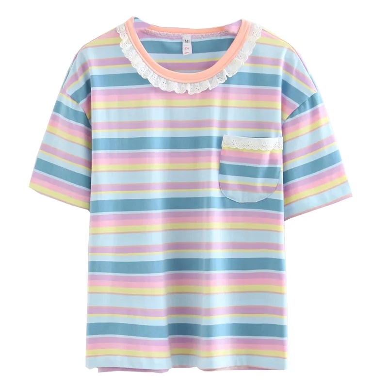 

Preppy Style Women Summer T-shirt O Neck Lace Cute Sweet Cotton Striped Print Tee Tops Female Tshirt Macaron