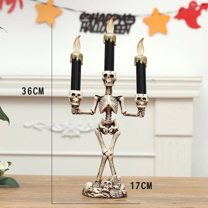 

Halloween 3 Candles Holder Candelabra Skull Skeleton Table Candlestick Home Decoration LED Candles MDJ998