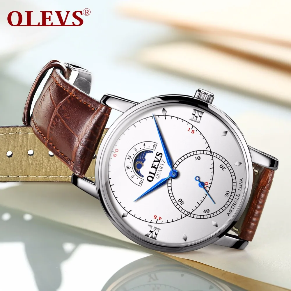 

OLEVS 2018 New Fashion Mens Watches Business Moon phase Quartz Men Watch Leather Waterproof Male Wristwatches Relogio Masculino