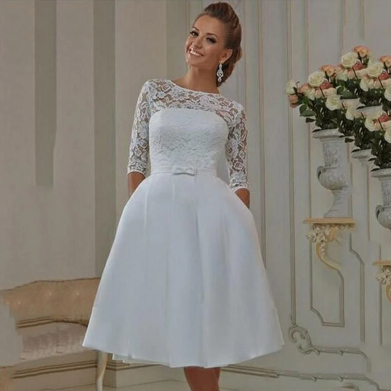 2019 Короткие свадебные платья а-силуэта с коротким рукавом до колен Backless Jewel Neck Bow Summer Beach Wedding кружевное свадебное платье