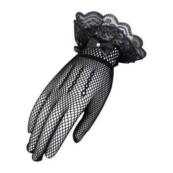 

New 2018 Lady Mesh Fishnet Gloves Sexy Lace Bowknot Wrist Summer Sunscreen Driving Evening Party Women Gloves Black White AGB218